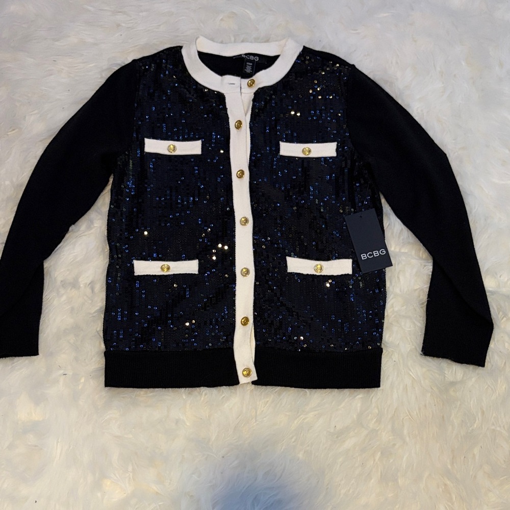 BCBG black and White Sequin Cardigan sweater very elegant size S new w tags